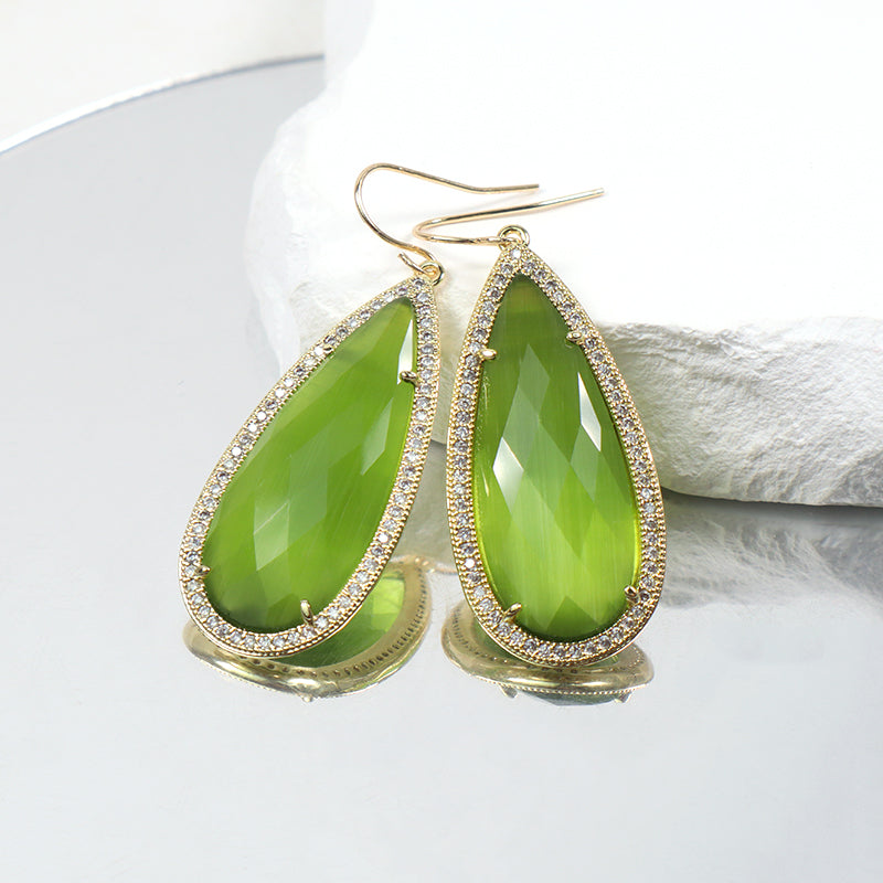 Wholesale Custom Green Pink Blue White CZ Gooseneck Earrings Women Gift Jewelry Gold Plated Dangle Drop Natural Stone Earrings