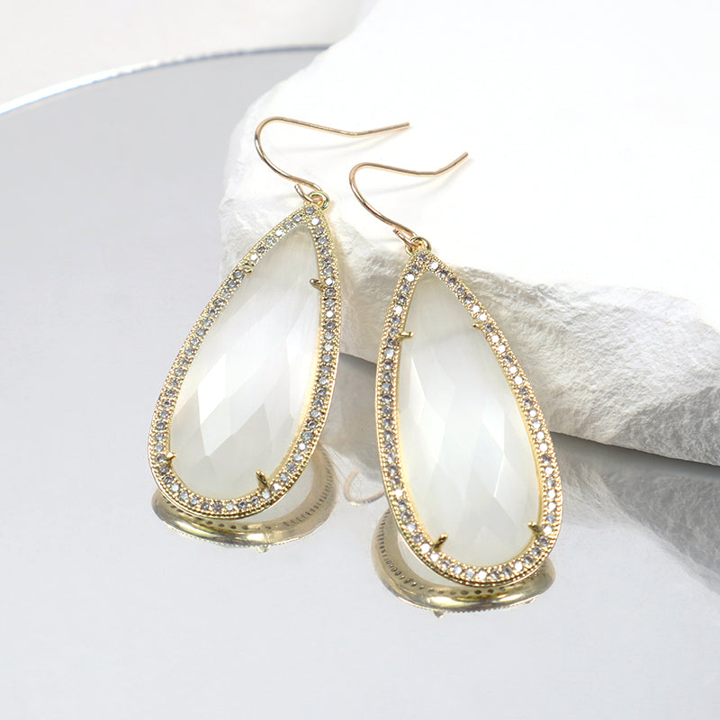 Wholesale Custom Green Pink Blue White CZ Gooseneck Earrings Women Gift Jewelry Gold Plated Dangle Drop Natural Stone Earrings