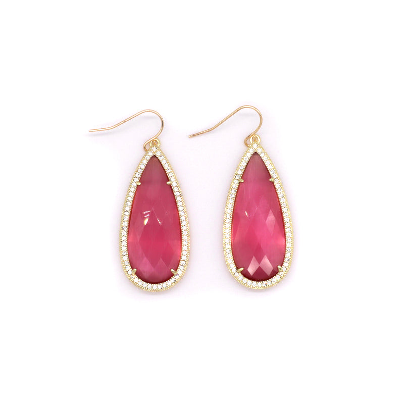 Wholesale Custom Green Pink Blue White CZ Gooseneck Earrings Women Gift Jewelry Gold Plated Dangle Drop Natural Stone Earrings