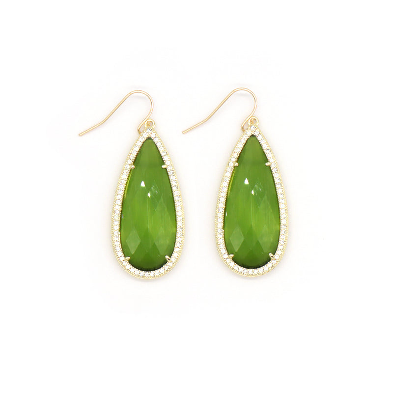 Wholesale Custom Green Pink Blue White CZ Gooseneck Earrings Women Gift Jewelry Gold Plated Dangle Drop Natural Stone Earrings