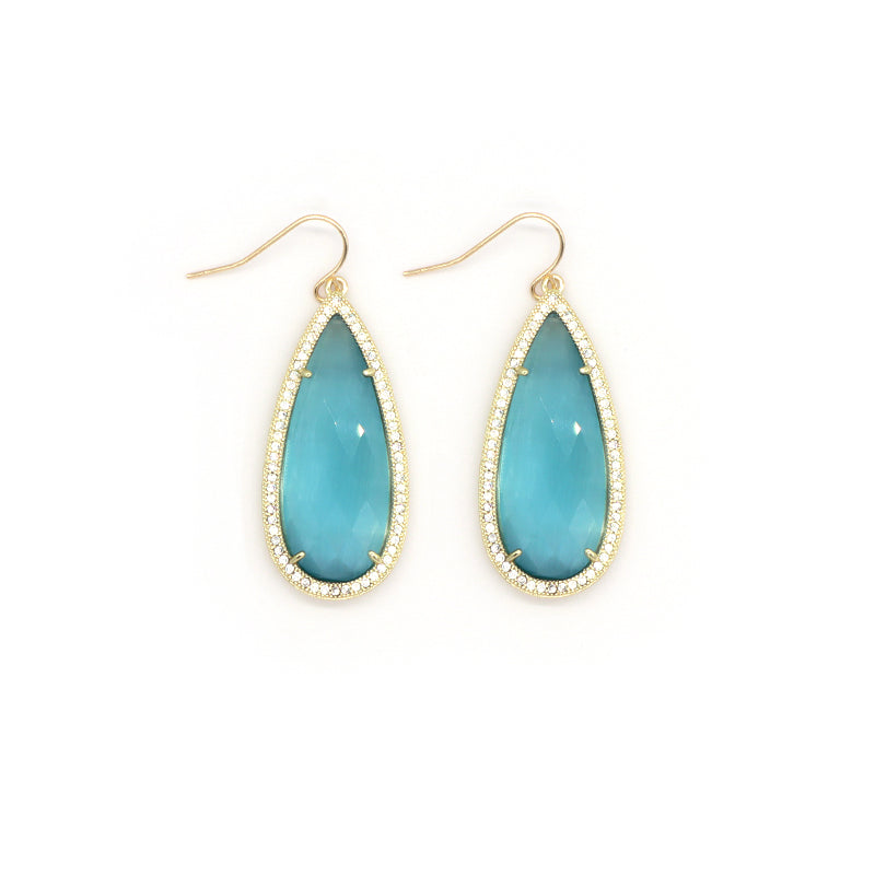 Wholesale Custom Green Pink Blue White CZ Gooseneck Earrings Women Gift Jewelry Gold Plated Dangle Drop Natural Stone Earrings