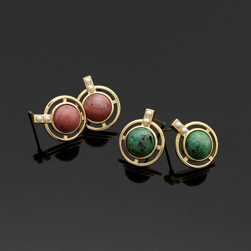 Wholesale Customized Fresh Water Pearl Earrings Stud Women Gift Jewelry Gold Plated Green Pink Natural Stone Stud Earrings
