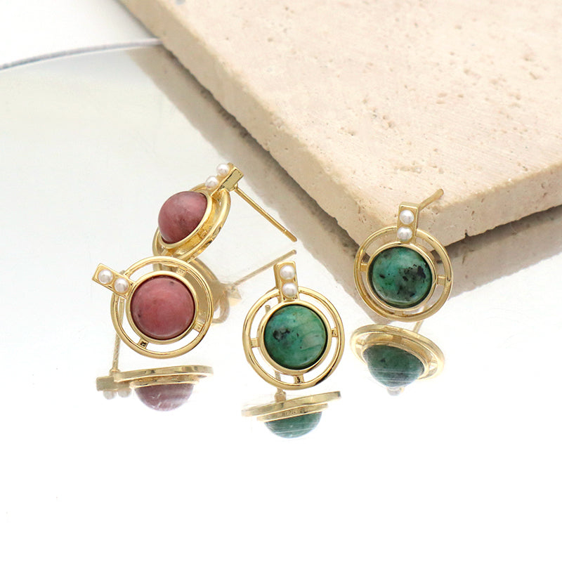 Wholesale Customized Fresh Water Pearl Earrings Stud Women Gift Jewelry Gold Plated Green Pink Natural Stone Stud Earrings