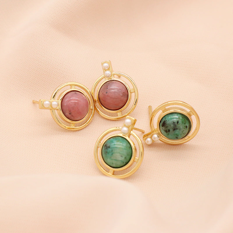 Wholesale Customized Fresh Water Pearl Earrings Stud Women Gift Jewelry Gold Plated Green Pink Natural Stone Stud Earrings