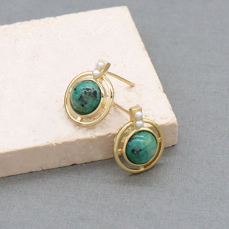 Wholesale Customized Fresh Water Pearl Earrings Stud Women Gift Jewelry Gold Plated Green Pink Natural Stone Stud Earrings
