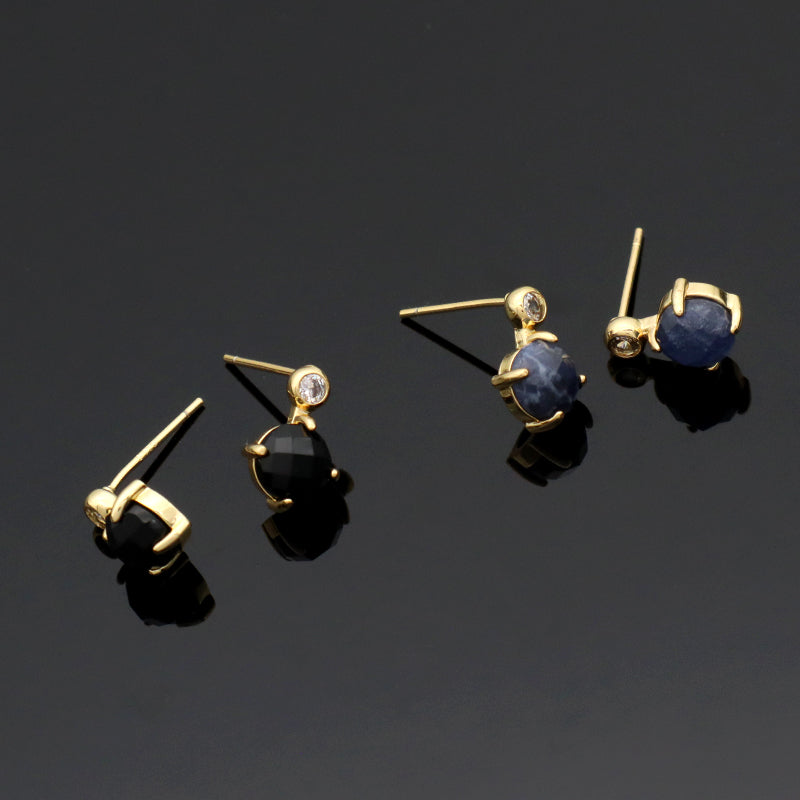 Custom Wholesale Fashion Round CZ Earrings Stud Jewelry Gold Plated Black Blue Natural Stone Stud Earrings For Women Gift