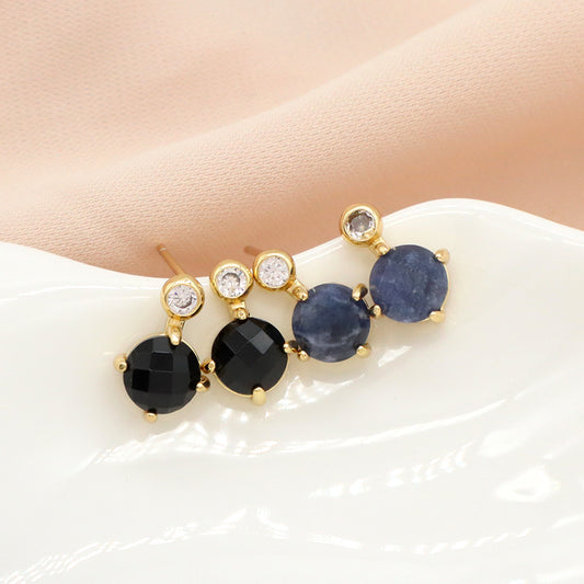 Custom Wholesale Fashion Round CZ Earrings Stud Jewelry Gold Plated Black Blue Natural Stone Stud Earrings For Women Gift