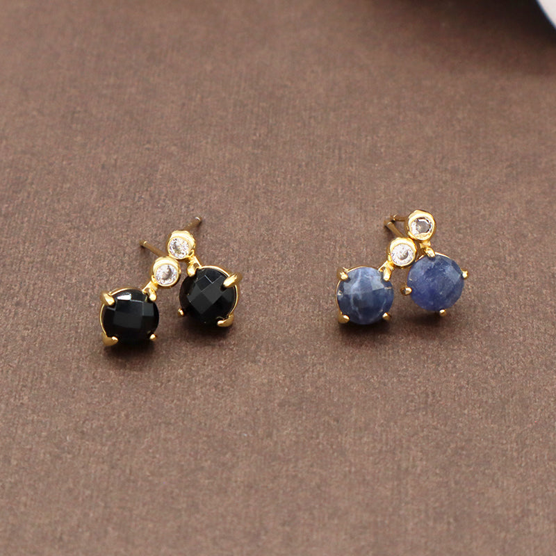 Custom Wholesale Fashion Round CZ Earrings Stud Jewelry Gold Plated Black Blue Natural Stone Stud Earrings For Women Gift