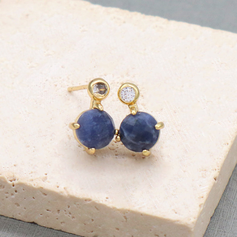 Custom Wholesale Fashion Round CZ Earrings Stud Jewelry Gold Plated Black Blue Natural Stone Stud Earrings For Women Gift