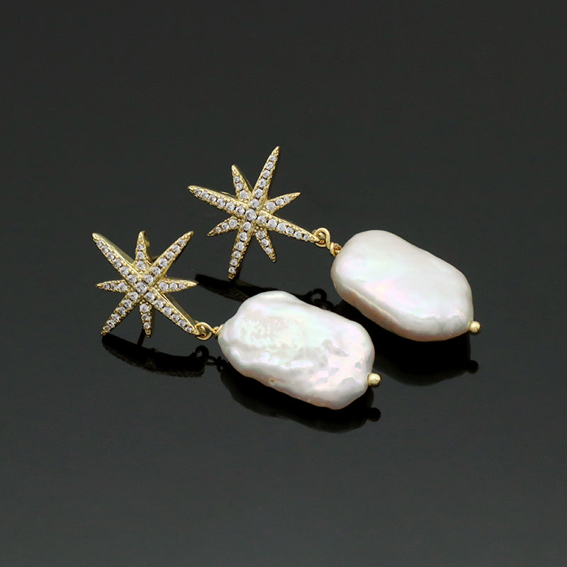 Custom Wholesale Fresh Water Pearl Earrings Stud Women Jewelry Micro Pave CZ Gold Plated Natural Stone Stud Earrings For Gift