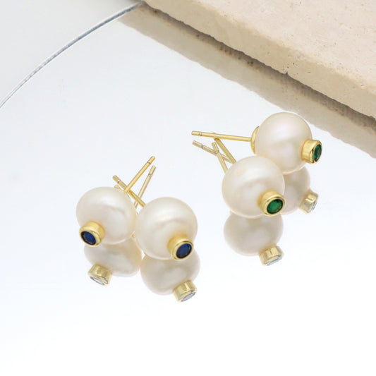 Various Wholesale Customized CZ Blue Green Earrings Gift Jewelry Gold Plated Natural Fresh Water Pearl Stud Earrings For Women