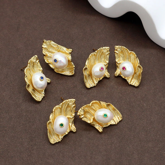 Factory Wholesale Various Custom Red Green Blue CZ Earrings Women Jewelry Gold Plated Natural Fresh Water Pearl Earrings Stud