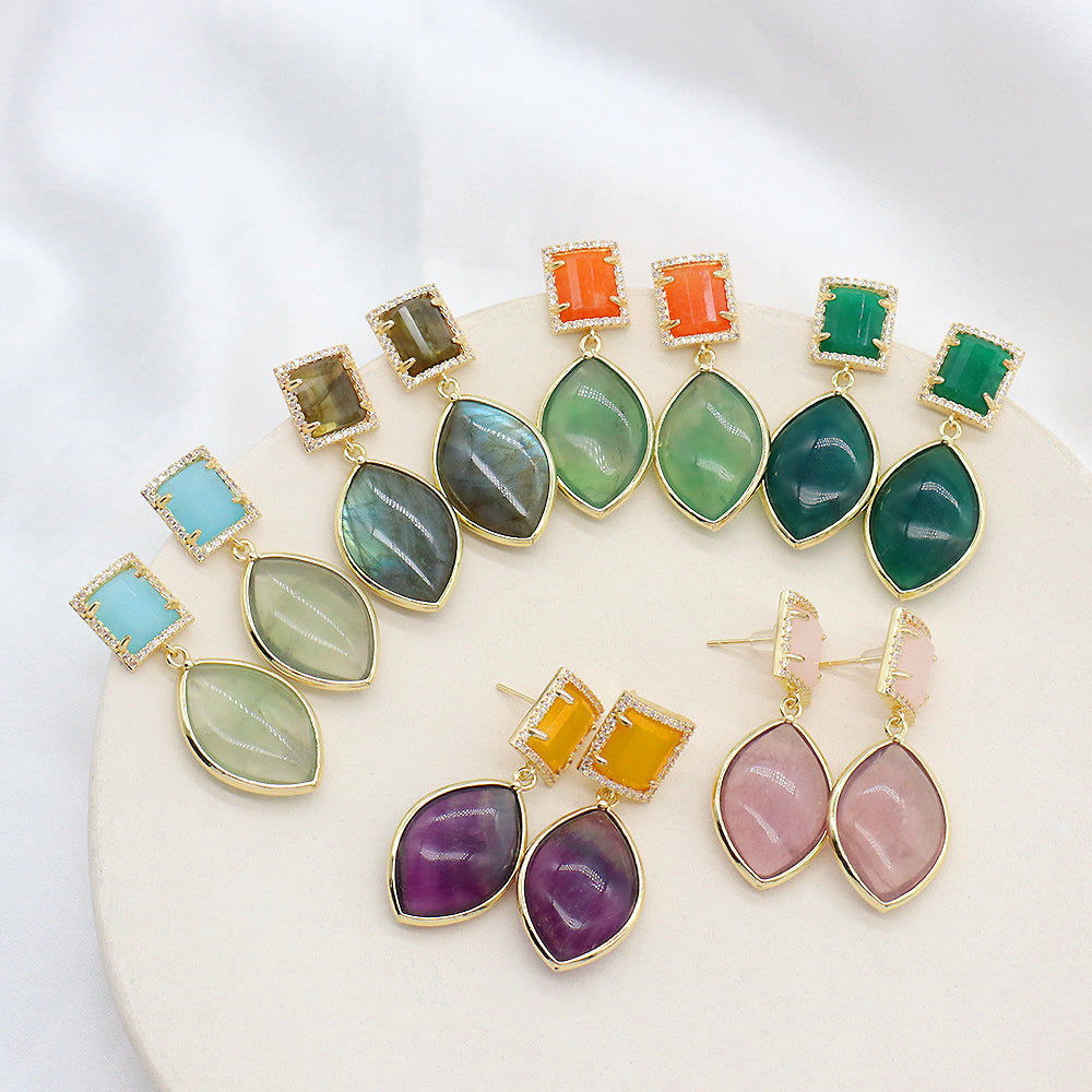 Custom Colorful CZ Natural Stone Earring Gold Plated Natural Gemstone Earrings