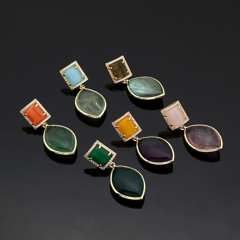 Custom Colorful CZ Natural Stone Earring Gold Plated Natural Gemstone Earrings