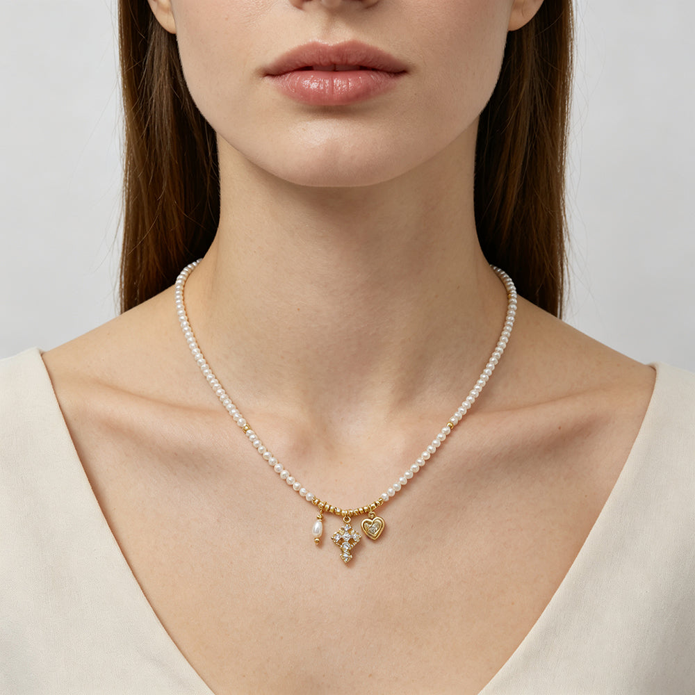 Handmade Fresh Water Pearl Cross Star Pendant Necklace