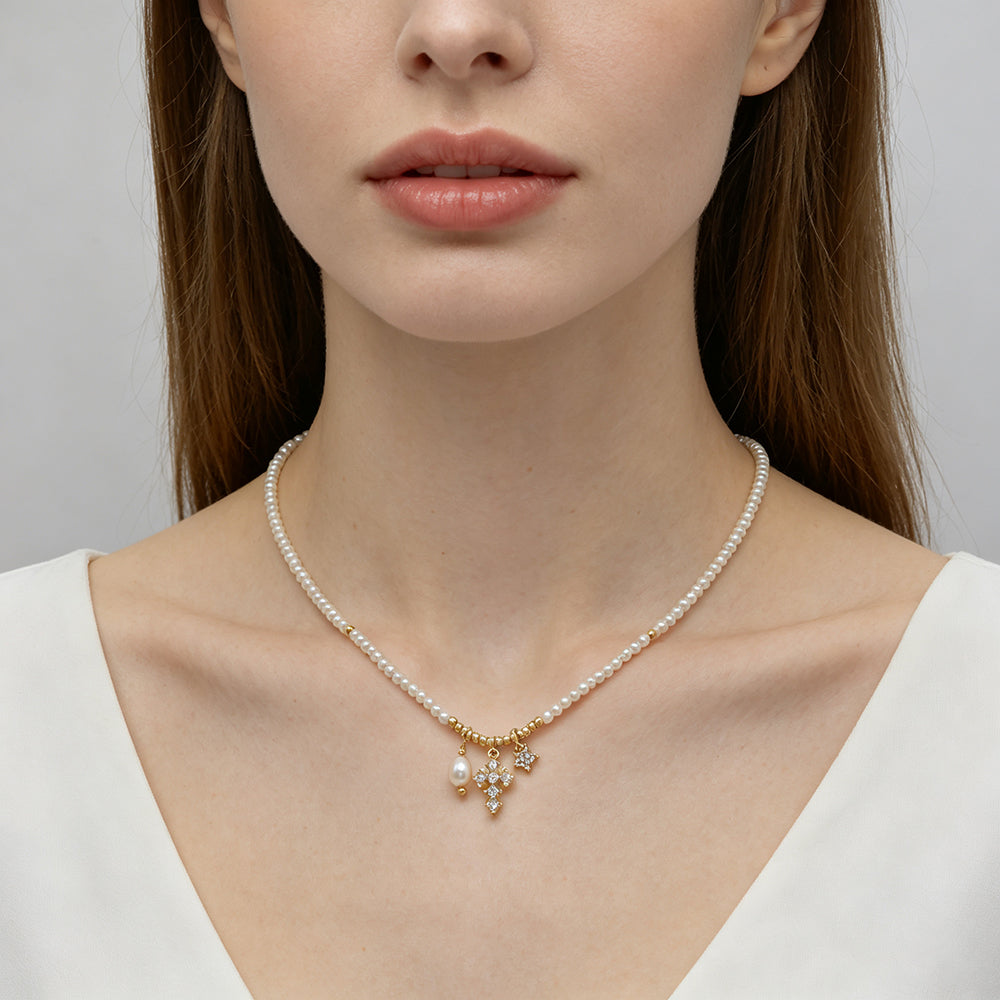 Handmade Fresh Water Pearl Cross Star Pendant Necklace