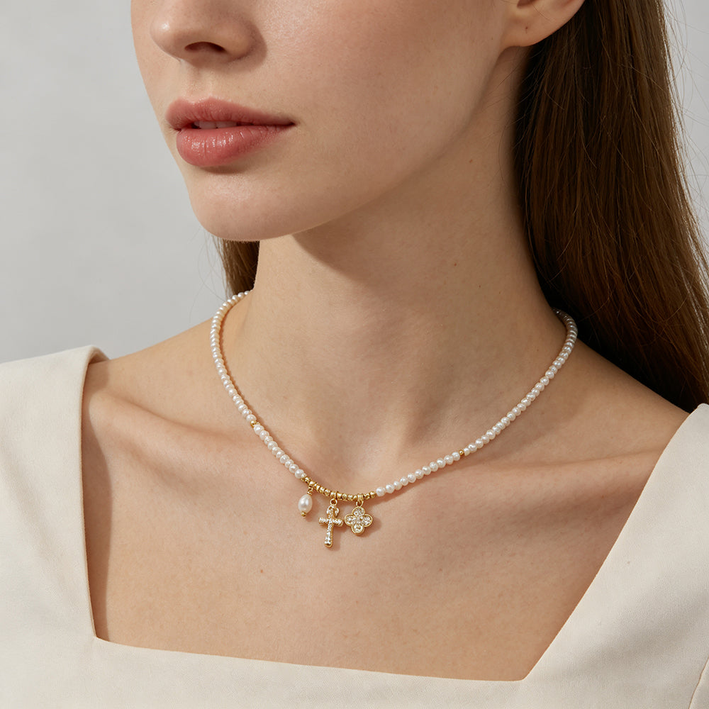 Handmade Fresh Water Pearl Cross Star Pendant Necklace