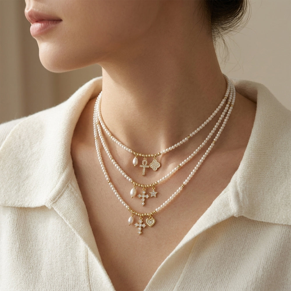 Handmade Fresh Water Pearl Cross Star Pendant Necklace