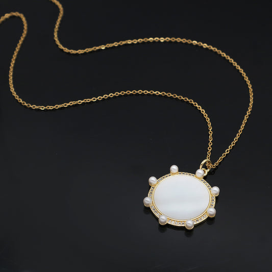 Trendy Jewelry Custom Factory Round Pearl Charm Gold Plated Stainless Steel Chain Cz Pearl Shell Pendant Necklace For Women Gift
