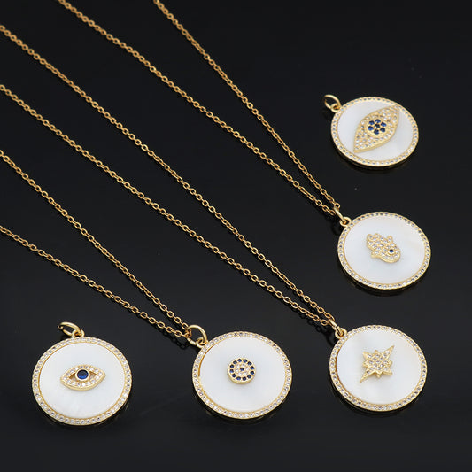 Factory Women Gift Custom Round CZ Hamsa Hand Pendant Charm Jewelry Gold Plated Stainless Steel Chain Shell Evil Eyes Necklace