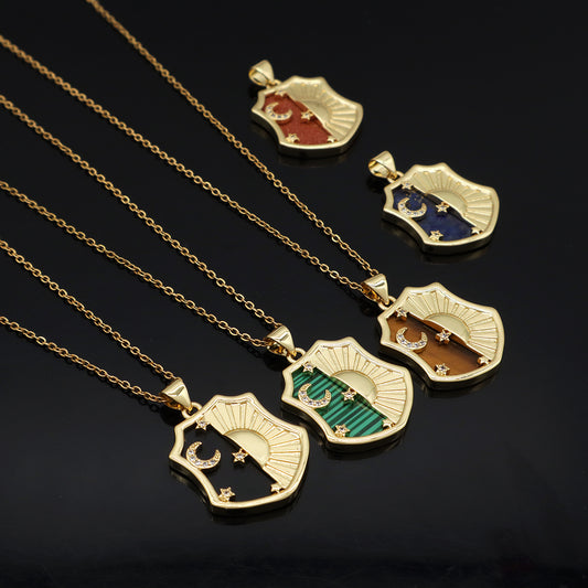 Wholesale Custom Green Brown Blue Black Natural Stone Gold plated stainless steel Chain Shinning Sun Moon Star Pendant Necklace