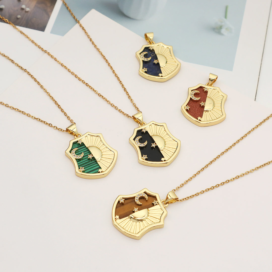 Wholesale Custom Green Brown Blue Black Natural Stone Gold plated stainless steel Chain Shinning Sun Moon Star Pendant Necklace