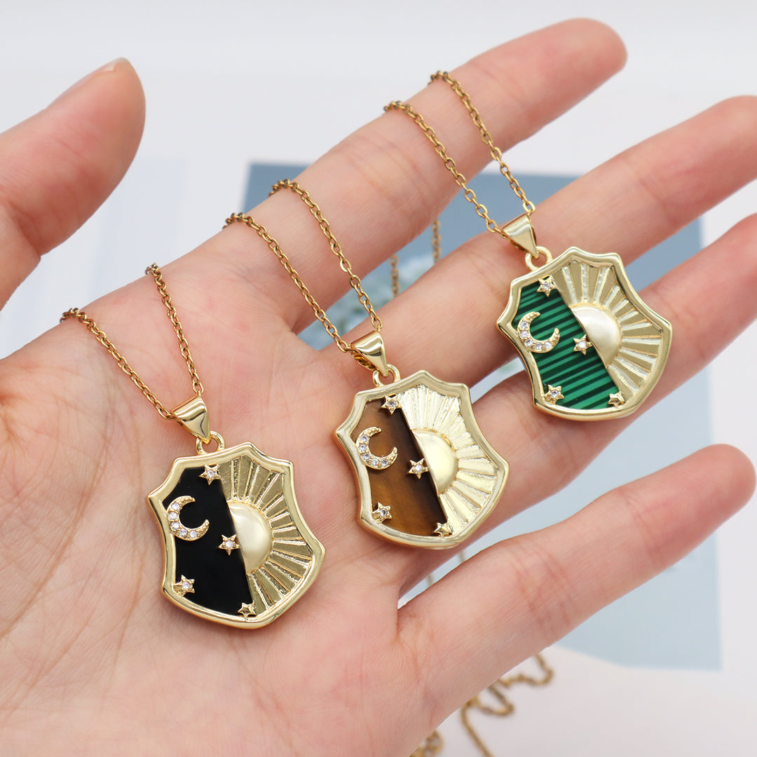 Wholesale Custom Green Brown Blue Black Natural Stone Gold plated stainless steel Chain Shinning Sun Moon Star Pendant Necklace