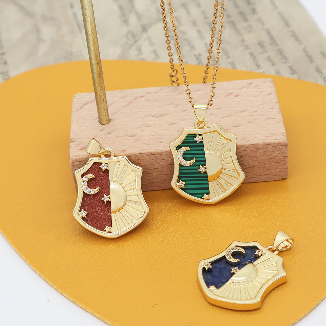 Wholesale Custom Green Brown Blue Black Natural Stone Gold plated stainless steel Chain Shinning Sun Moon Star Pendant Necklace