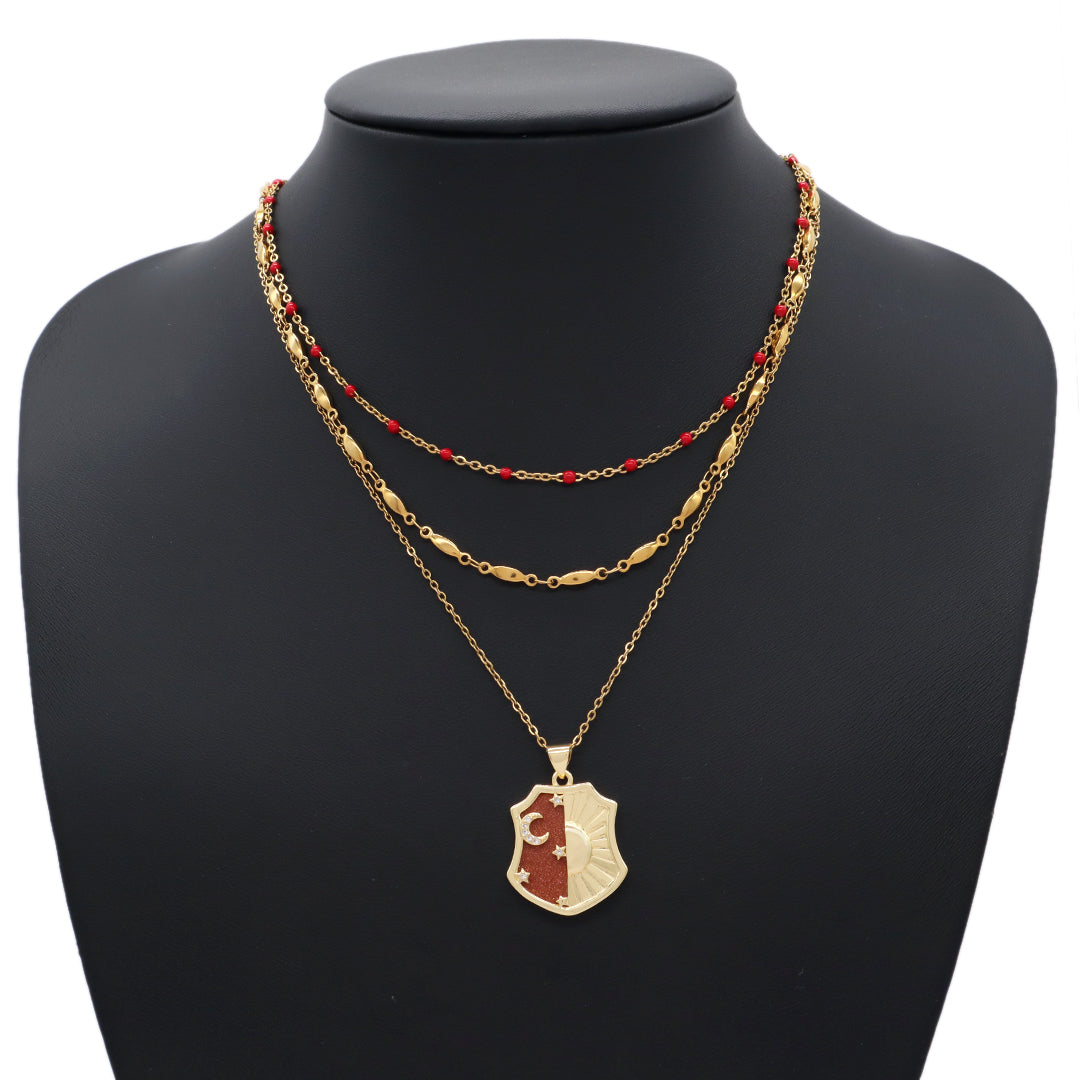 Wholesale Custom Green Brown Blue Black Natural Stone Gold plated stainless steel Chain Shinning Sun Moon Star Pendant Necklace