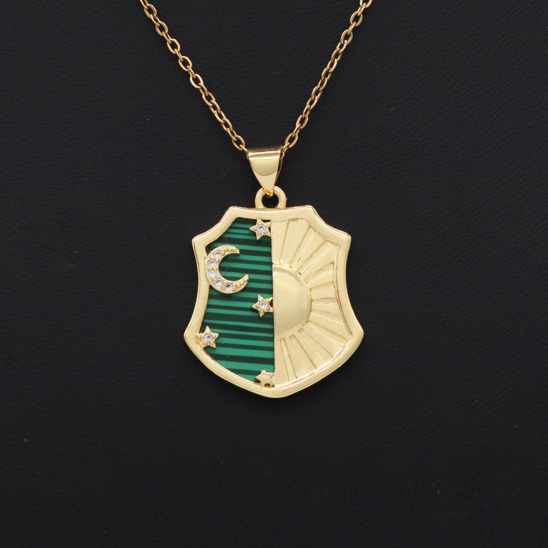 Wholesale Custom Green Brown Blue Black Natural Stone Gold plated stainless steel Chain Shinning Sun Moon Star Pendant Necklace