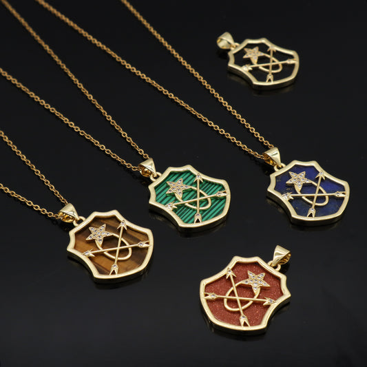 Custom Wholesale Women Gold Plated stainless steel Chain CZ Black Green Brown Blue Natural Stone Arrow Star Pendant Necklace
