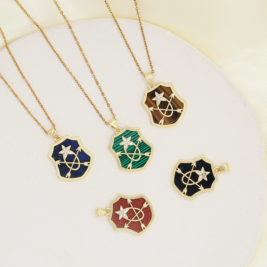 Custom Wholesale Women Gold Plated stainless steel Chain CZ Black Green Brown Blue Natural Stone Arrow Star Pendant Necklace