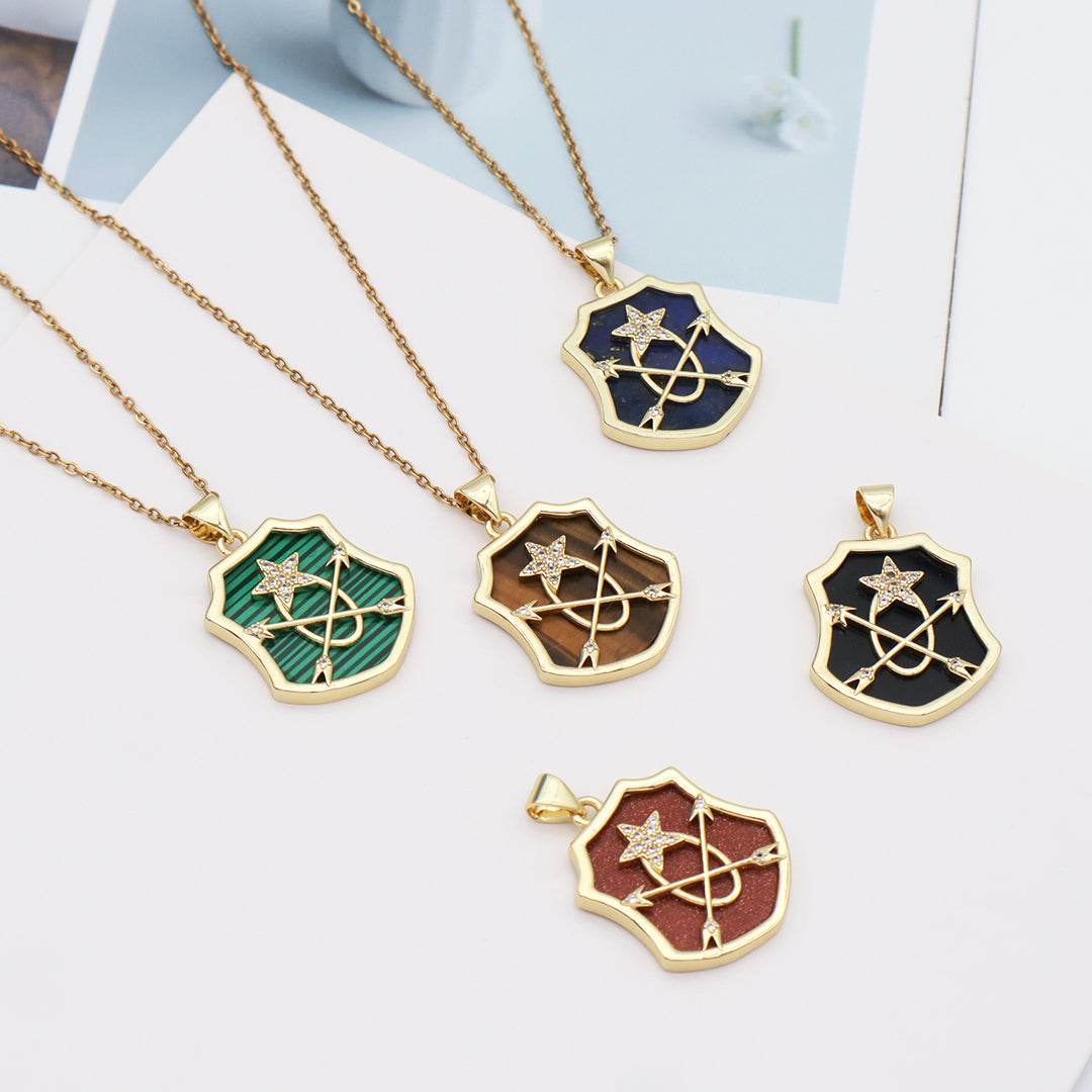 Custom Wholesale Women Gold Plated stainless steel Chain CZ Black Green Brown Blue Natural Stone Arrow Star Pendant Necklace