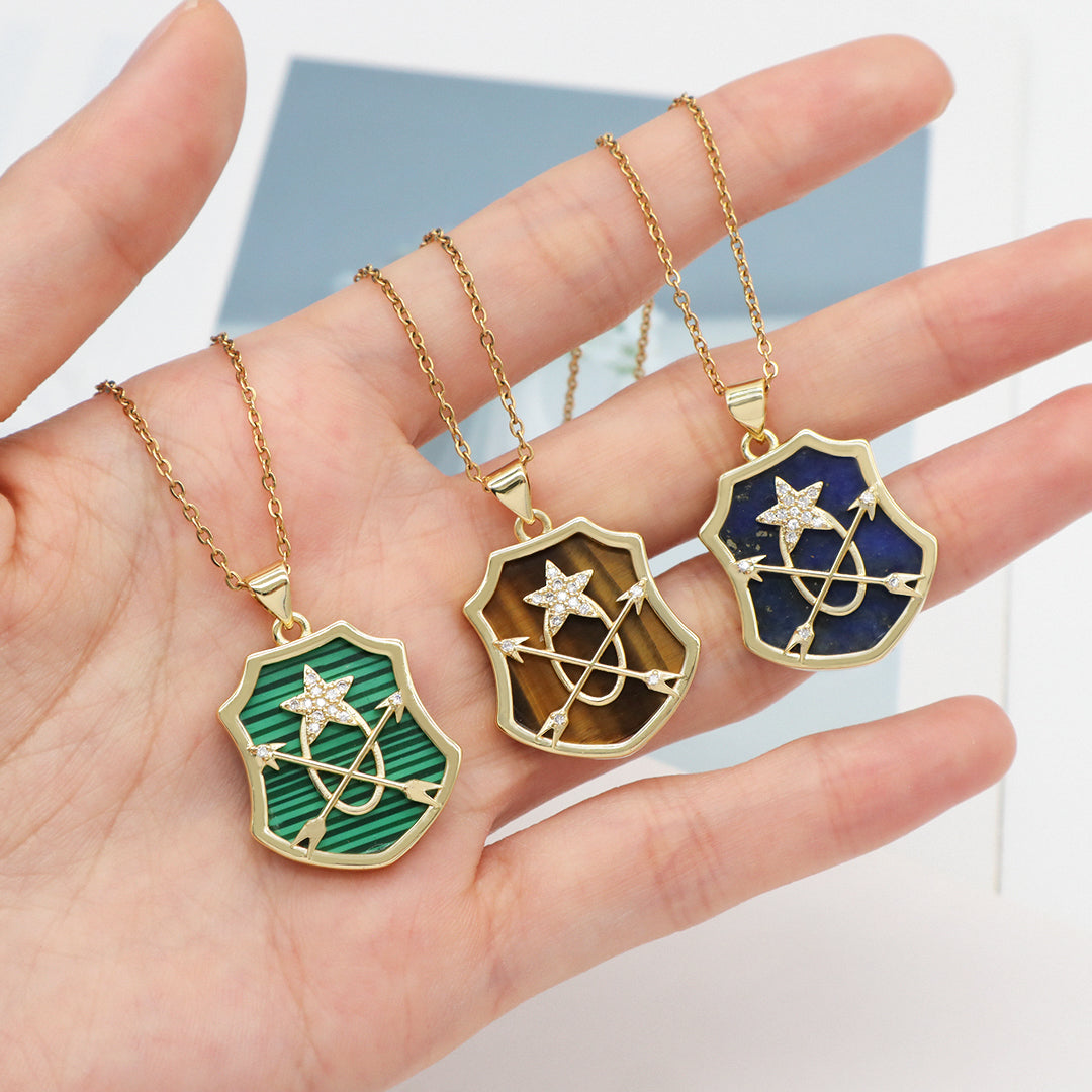 Custom Wholesale Women Gold Plated stainless steel Chain CZ Black Green Brown Blue Natural Stone Arrow Star Pendant Necklace