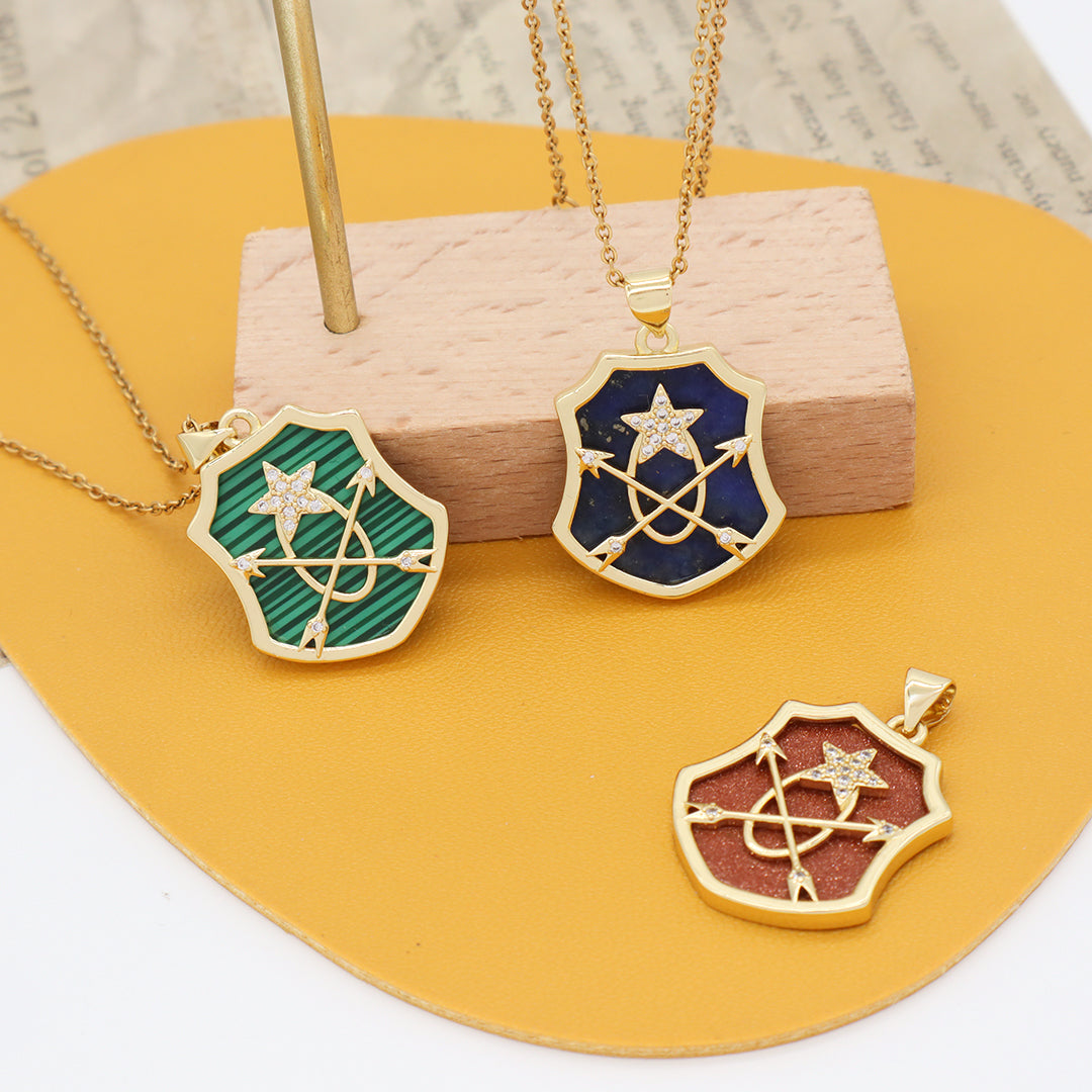 Custom Wholesale Women Gold Plated stainless steel Chain CZ Black Green Brown Blue Natural Stone Arrow Star Pendant Necklace