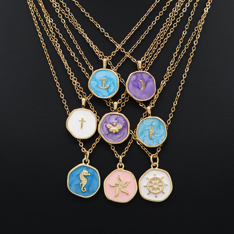 Fashion Round Gold Plated Stainless Steel Chain Enamel Cross Lighting Anchor Moon Butterfly Sea Horse Sea Star Pendant Necklace