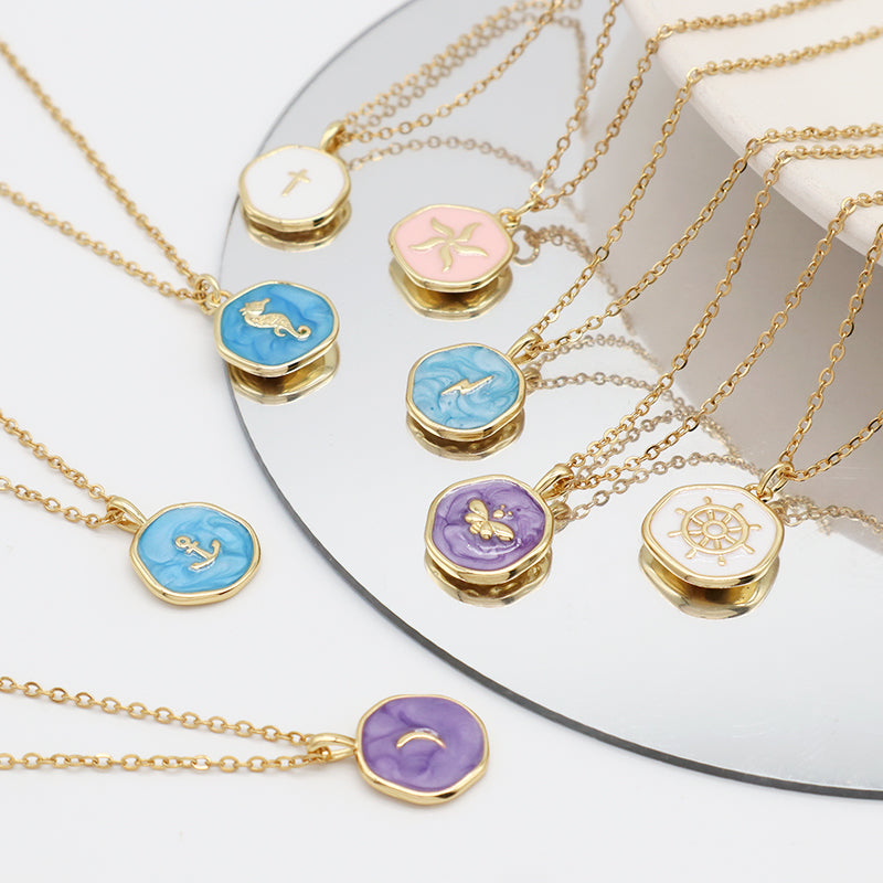 Fashion Round Gold Plated Stainless Steel Chain Enamel Cross Lighting Anchor Moon Butterfly Sea Horse Sea Star Pendant Necklace