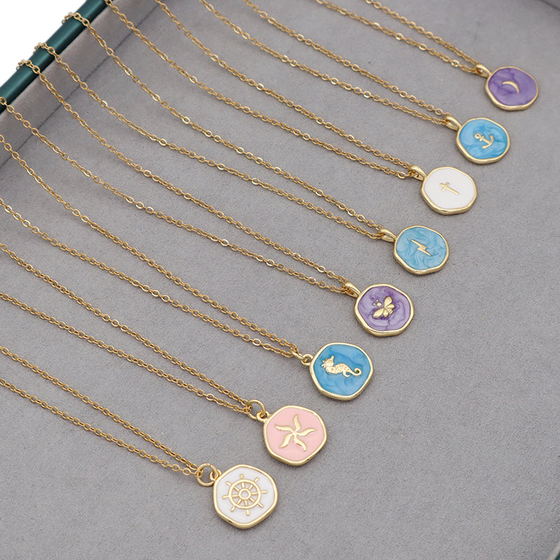 Fashion Round Gold Plated Stainless Steel Chain Enamel Cross Lighting Anchor Moon Butterfly Sea Horse Sea Star Pendant Necklace