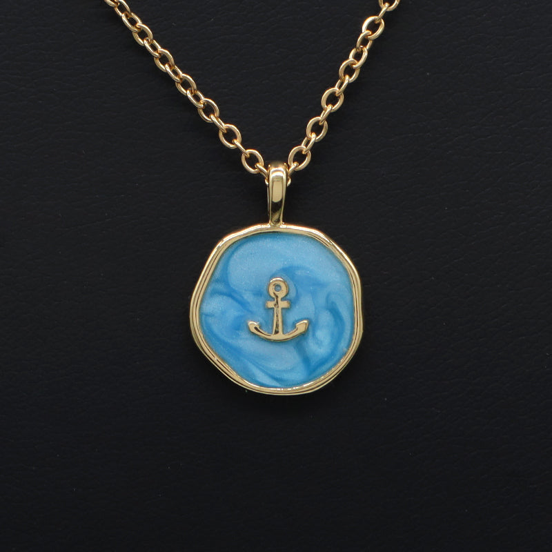 Fashion Round Gold Plated Stainless Steel Chain Enamel Cross Lighting Anchor Moon Butterfly Sea Horse Sea Star Pendant Necklace