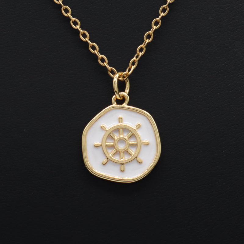 Fashion Round Gold Plated Stainless Steel Chain Enamel Cross Lighting Anchor Moon Butterfly Sea Horse Sea Star Pendant Necklace