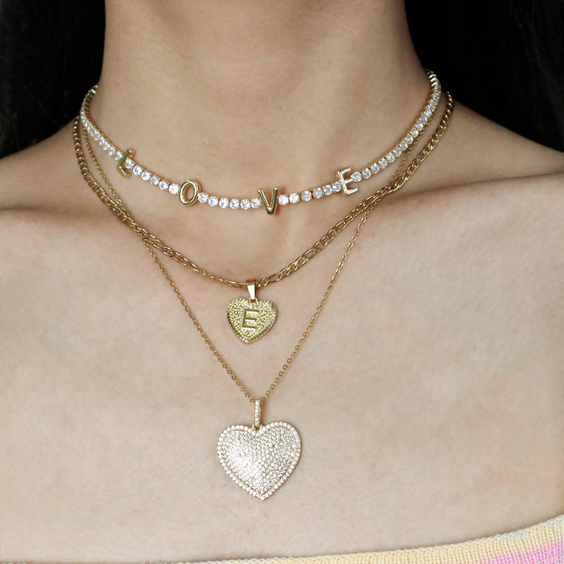 New Bulk Sale Fashion Jewelry Custom Gold plated stainless steel Chain Micro Pave CZ Love Heart Pendant Necklace For Women Gift