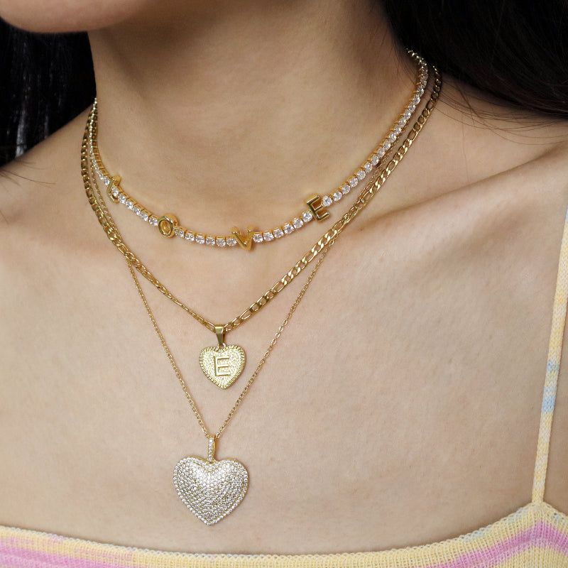 New Bulk Sale Fashion Jewelry Custom Gold plated stainless steel Chain Micro Pave CZ Love Heart Pendant Necklace For Women Gift