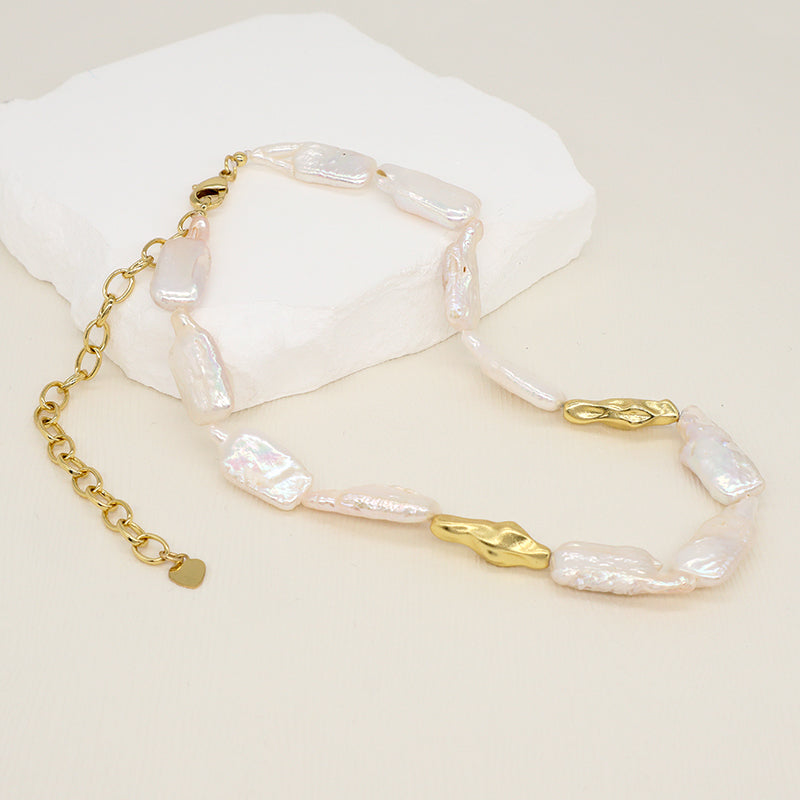 Handmade Custom Gold Plated Brass Natural Freshwater Pearl Choker Necklace