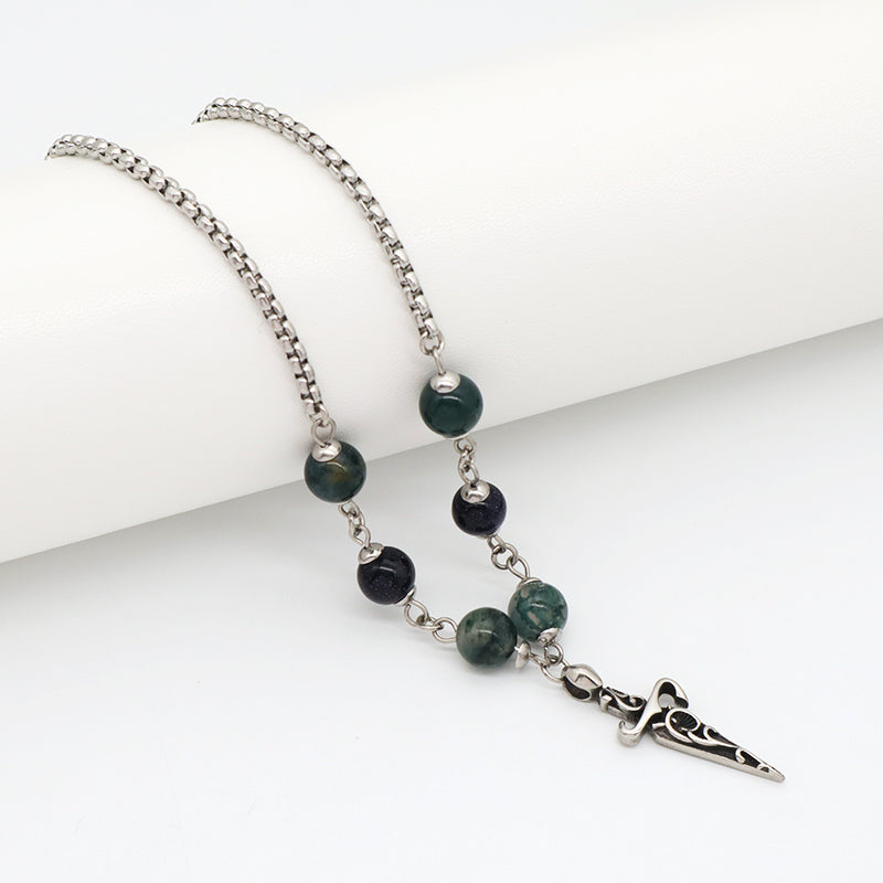 Custom Fashion Factory New Wholesale Men Women Jewelry Natural Stone Beads No Tarnish Stainless Steel Dagger Pendant Necklace