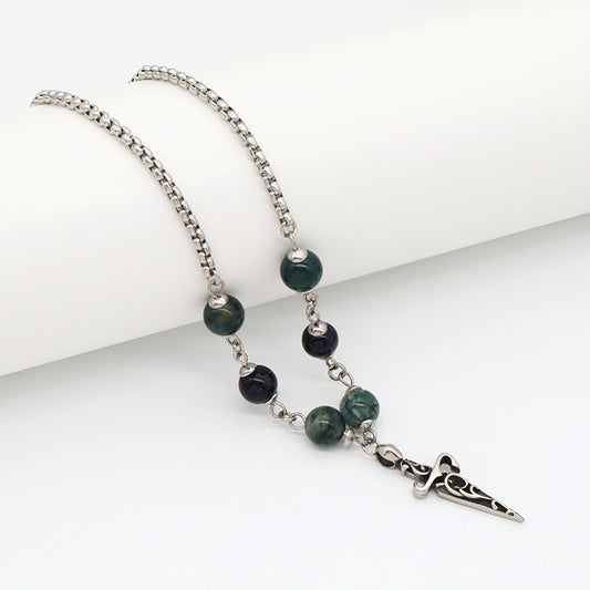 Custom Fashion Factory New Wholesale Men Women Jewelry Natural Stone Beads No Tarnish Stainless Steel Dagger Pendant Necklace