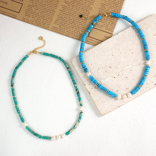 OEM Wholesale Handmade Women Custom Gold Plated Charm Fresh Water Pearl Blue Turquoise Jasper Natural Stone Beads Necklace