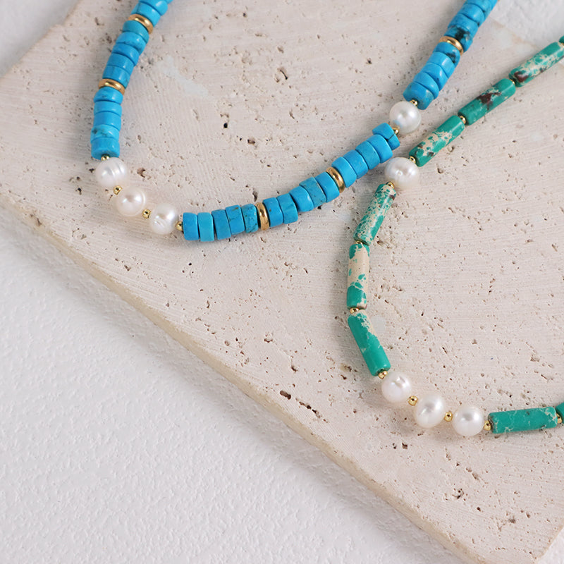 OEM Wholesale Handmade Women Custom Gold Plated Charm Fresh Water Pearl Blue Turquoise Jasper Natural Stone Beads Necklace