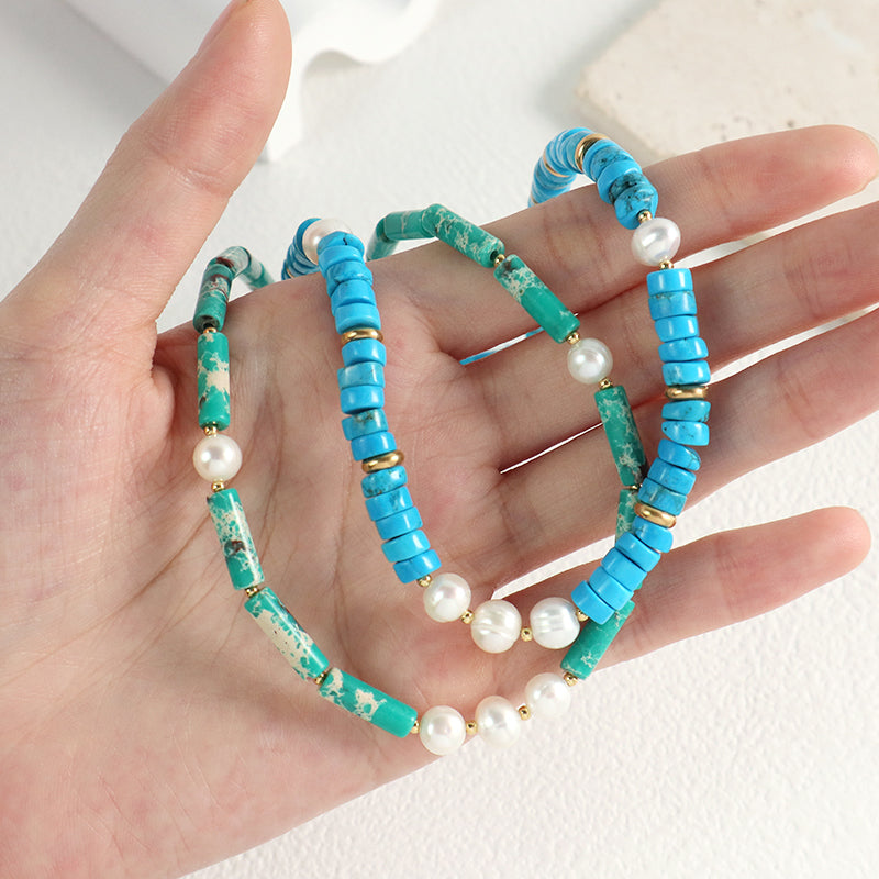 OEM Wholesale Handmade Women Custom Gold Plated Charm Fresh Water Pearl Blue Turquoise Jasper Natural Stone Beads Necklace