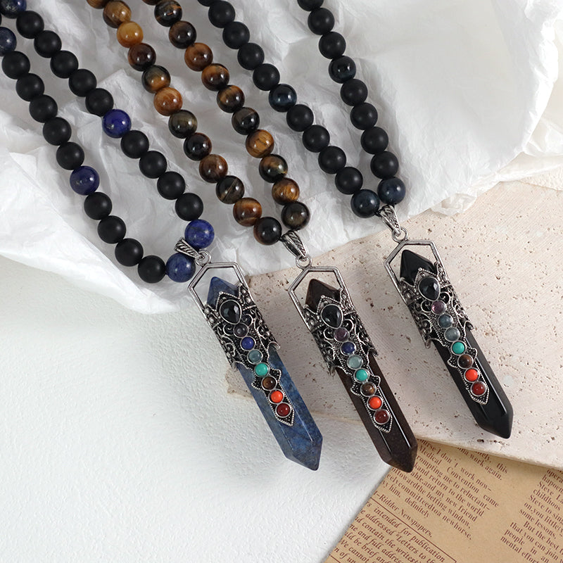 Custom OEM Handmade Woven 8mm Lapis Onyx Tiger Eye Natural Stone Beads Adjustable Macrame Hexagon Pendant Necklace For Men Women