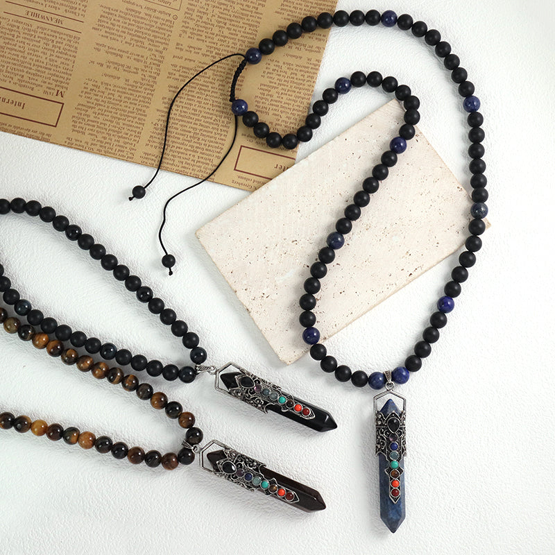 Custom OEM Handmade Woven 8mm Lapis Onyx Tiger Eye Natural Stone Beads Adjustable Macrame Hexagon Pendant Necklace For Men Women